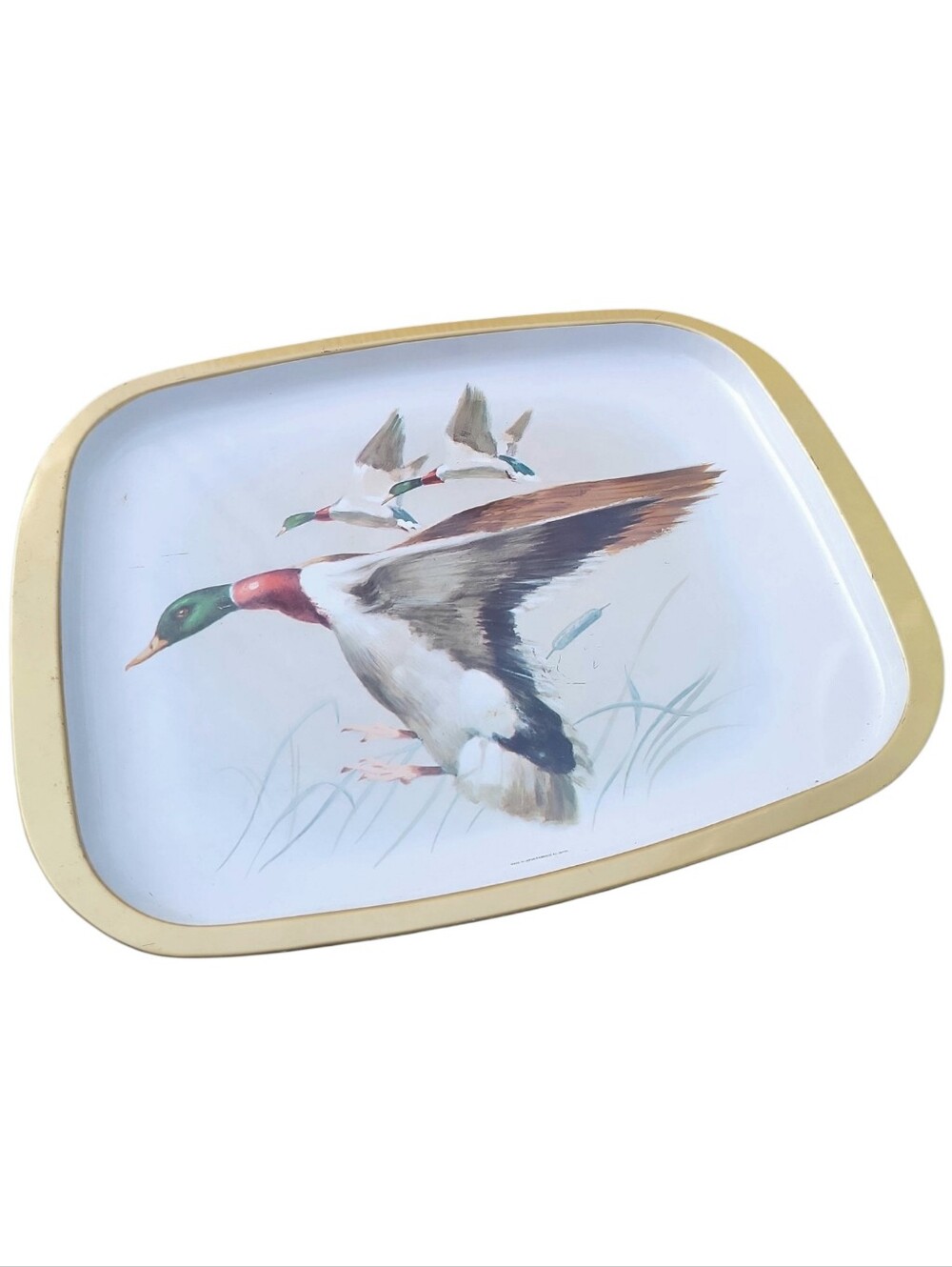 Vintage Mallard Duck Woodland  Metal Serving Decorative Tray Made In Japan